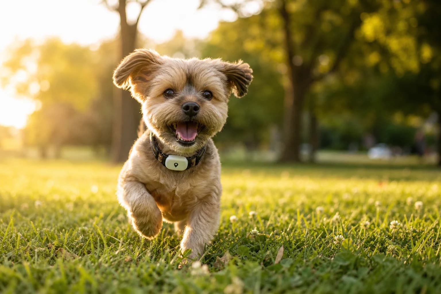 Small dog running with Scout Collar